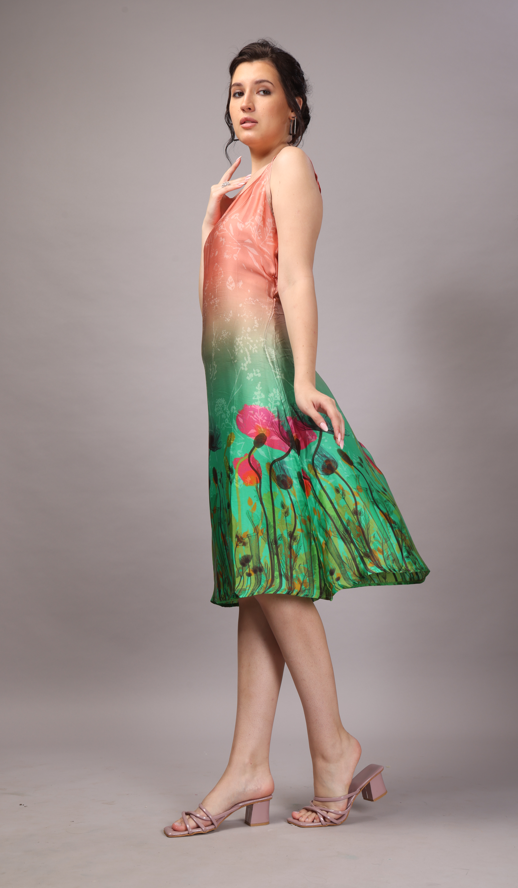 49 Satin Green & Peach Slip Dress