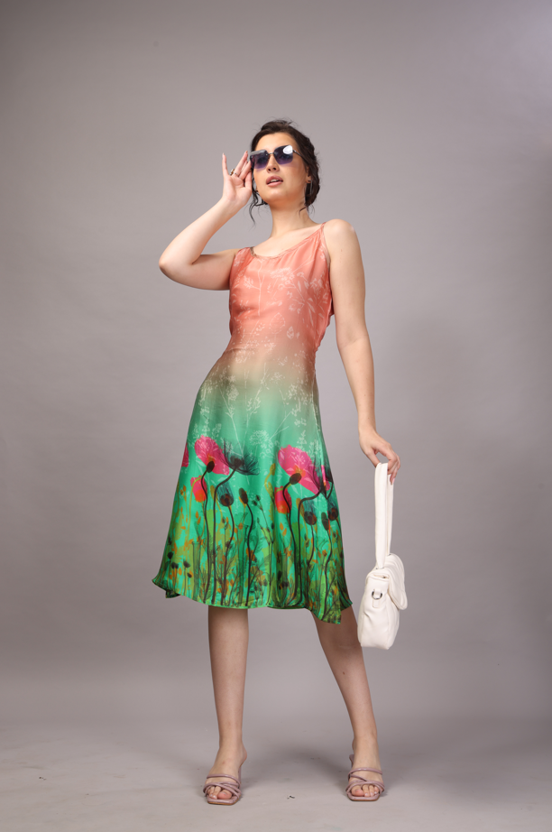 49 Satin Green & Peach Slip Dress