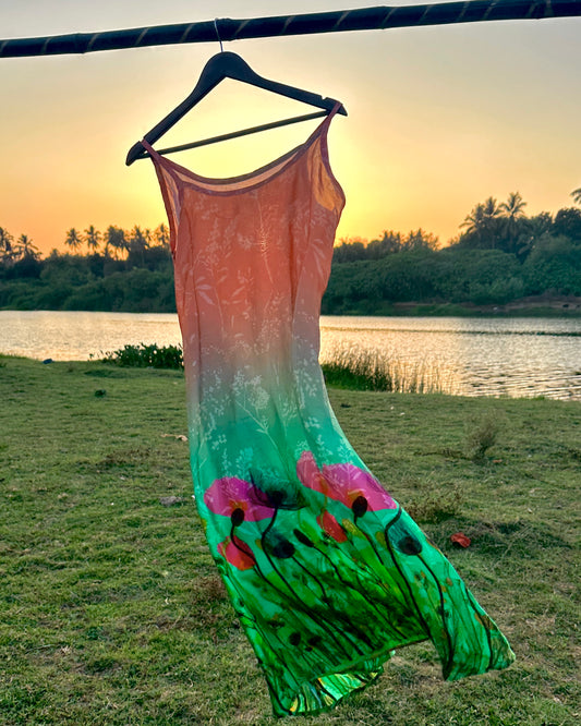 49 Satin Green & Peach Slip Dress